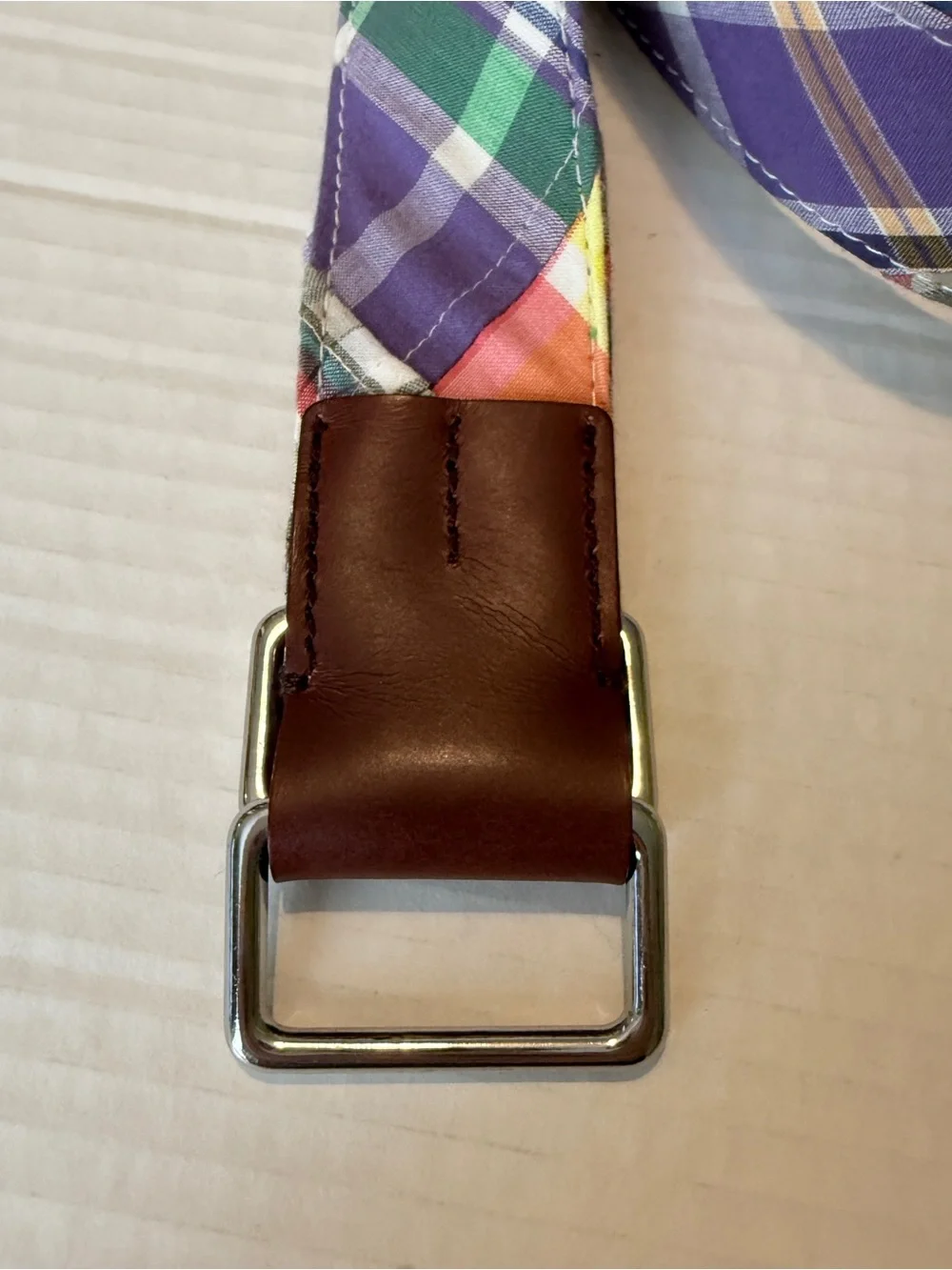 Brooks Brothers UNISEX D-Ring Colorful Cotton Madras Plaid Belt Leather Accents
